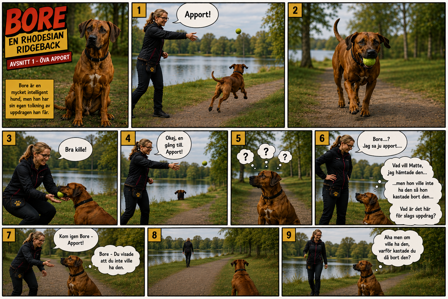 Bore, en Rhodesian Ridgeback, övar apport
